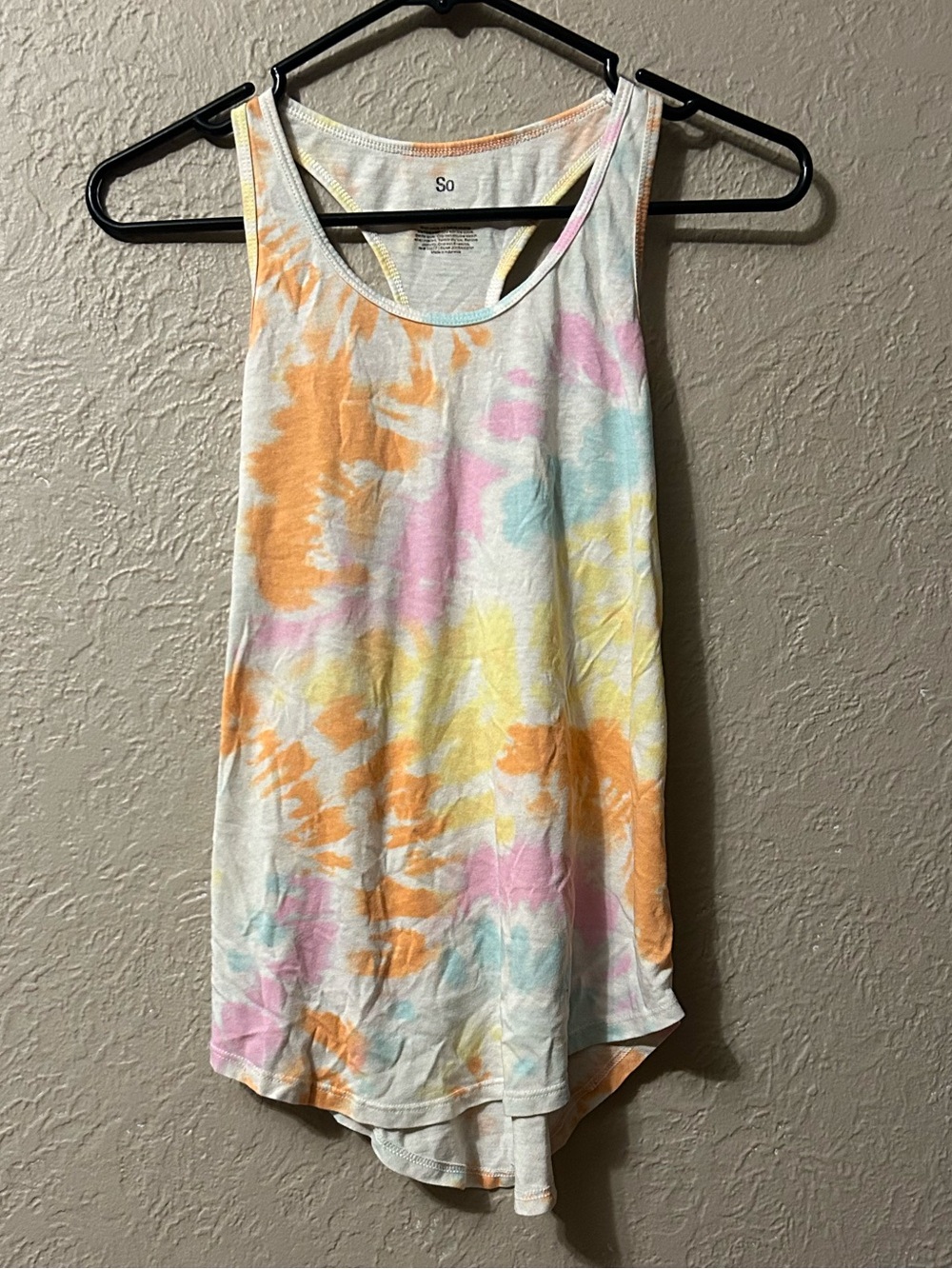 SO Pastel Tie-Dye Racerback Tank - Orange, Pink, Yellow, Aqua on White